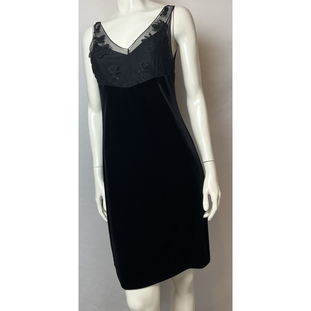 Evan Picone Velvet Sheath Dress Sz 8 Black Floral Mesh Top Poly Spandex V Neck